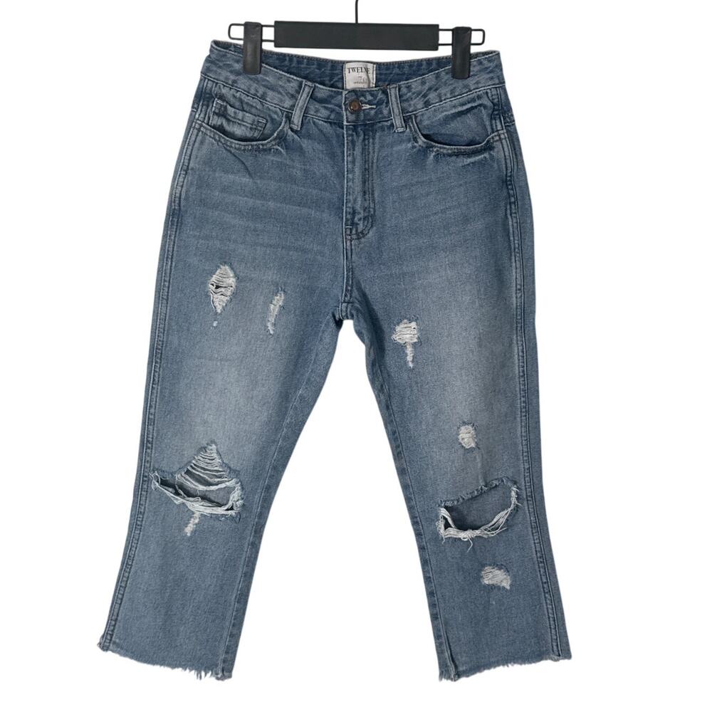 Twelve by Ontwelfth Crop Distressed Straight Leg Raw Hem Jeans Medium Wash Sz 26